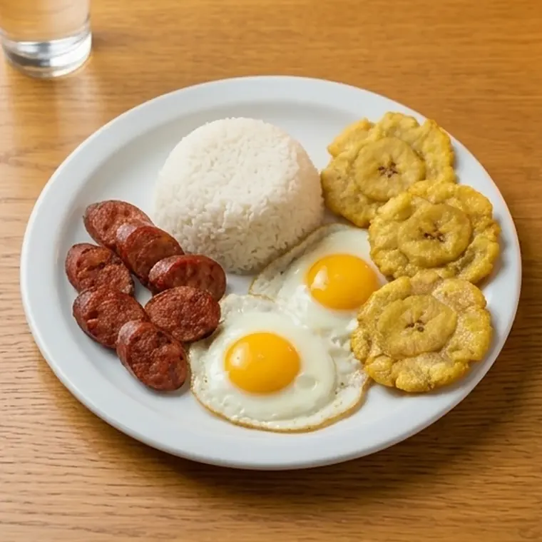 Foto de Arroz con chorizo, huevos fritos y patacón