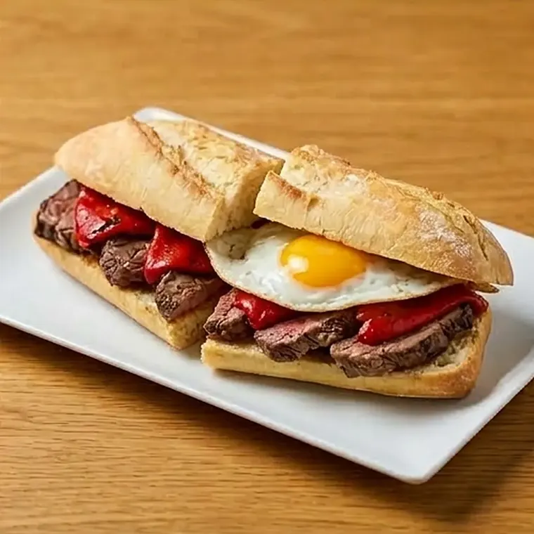 Foto de Bocata de filete de ternera con piquillos y huevo frito