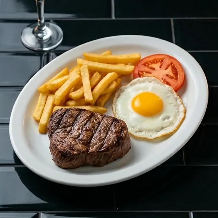 Foto de Filete de ternera, piquillos, ensalada y huevos fritos