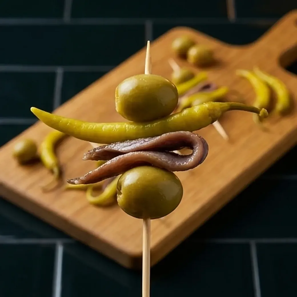 Brocheta de aceituna, piparra y anchoa sobre una tabla de madera, con una vitrina de baldosa negra al fondo.