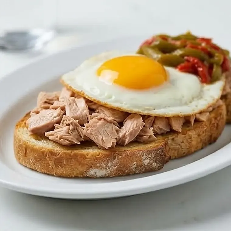 Foto de Tostada de bonito, huevo y piperrada