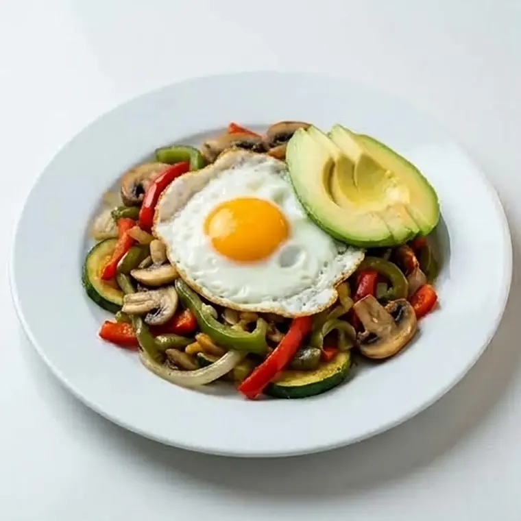 Foto de Verduras salteadas con huevos cocidos y aguacate