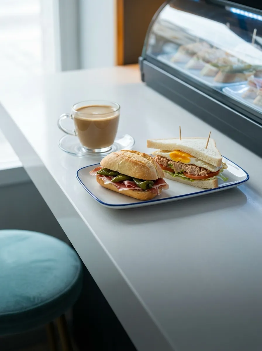 Un café con leche y un sándwich sobre la encimera blanca, junto a la vitrina, con luz de ventana.