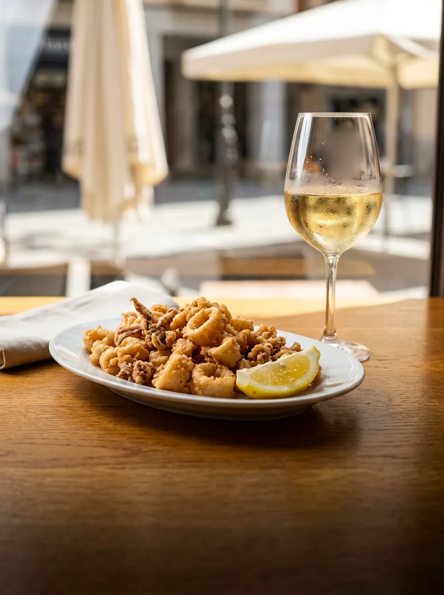 Un plato de rabas con limón y una copa de vino blanco sobre una mesa de madera, con sombrillas al fondo.