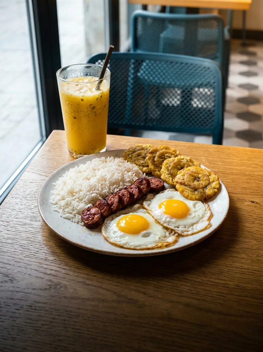 Un plato con arroz, chorizo, dos huevos fritos y patacón, con un batido amarillo, sobre una mesa de madera junto a la ventana.