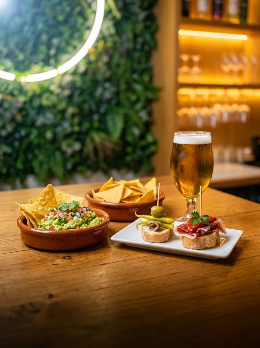 Nachos con guacamole en cazuelita de barro, un plato con pintxos y una caña sobre una mesa de madera.