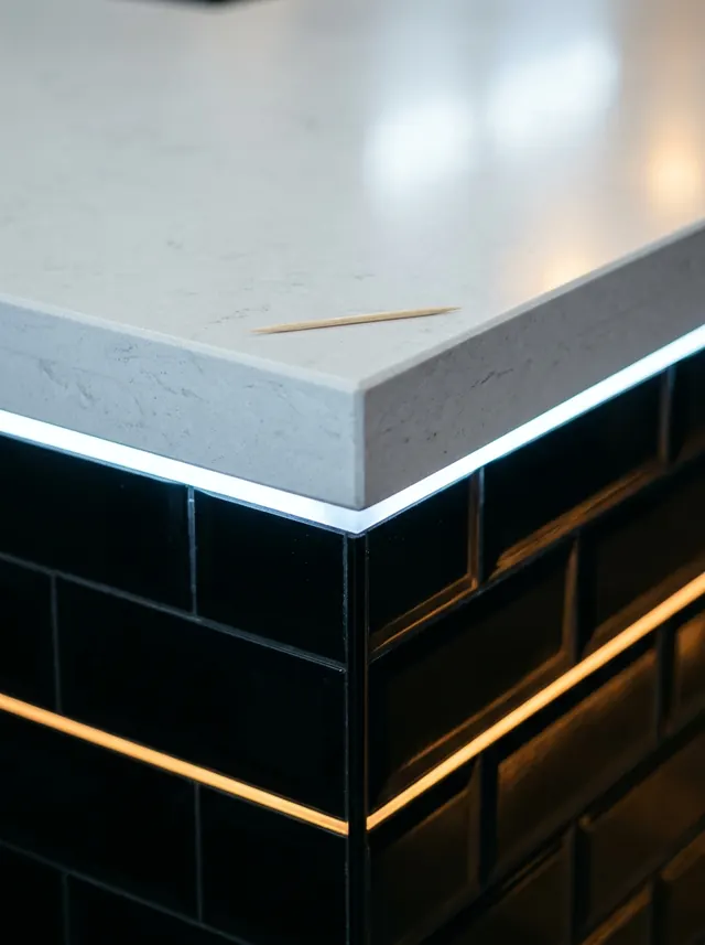 Esquina de una encimera blanca con luz LED sobre un frente de baldosa negra.