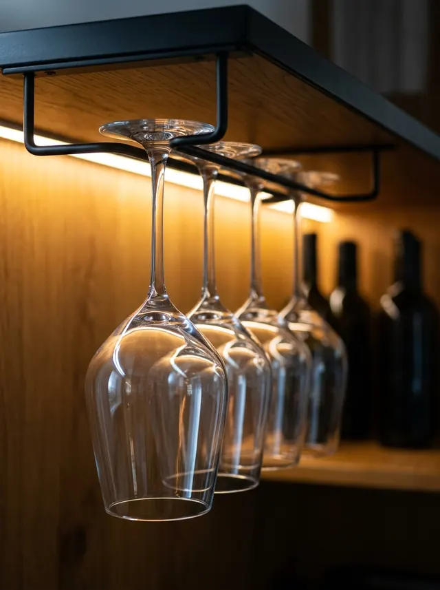 Copas de vino colgadas boca abajo bajo la barra, con luz cálida.