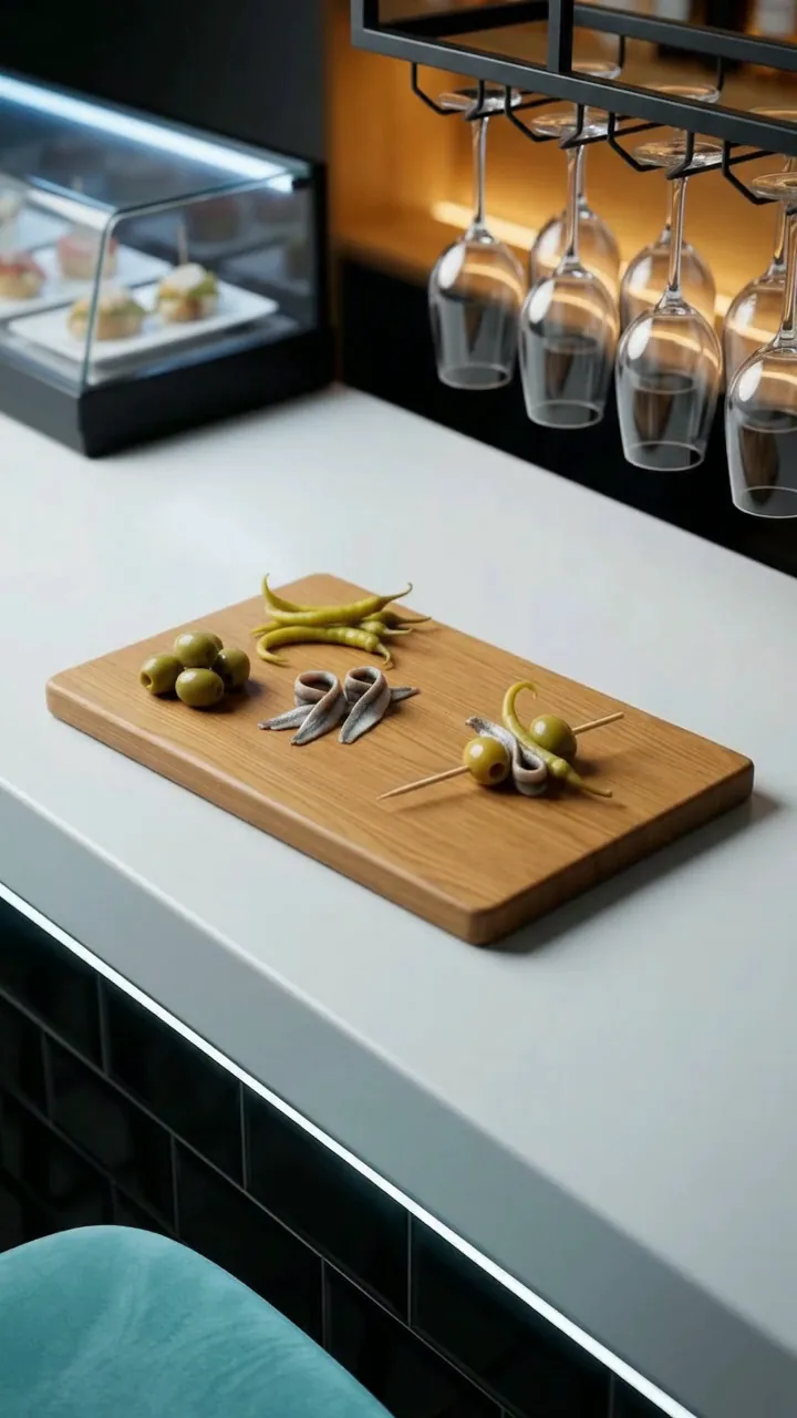 Escena de la barra: una mano con guante negro coloca una gilda recién montada sobre una tabla de madera, junto a la vitrina y las copas colgadas.